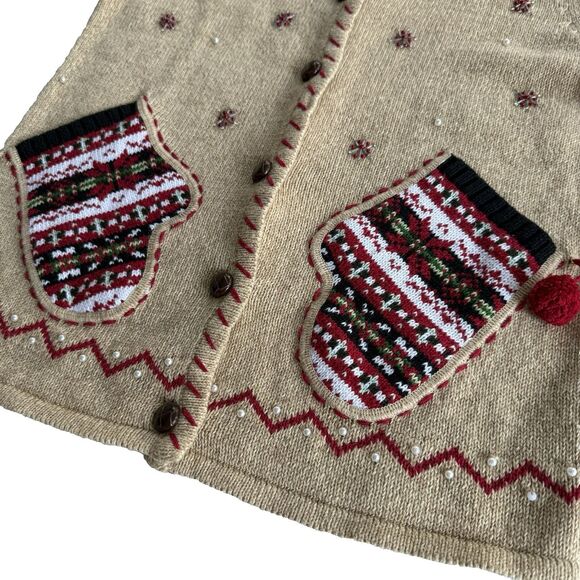 Tan Winter Mittens Snowflake Xmas Sweater Cardigan Ugly Christmas Beads Sz S - Picture 4 of 7